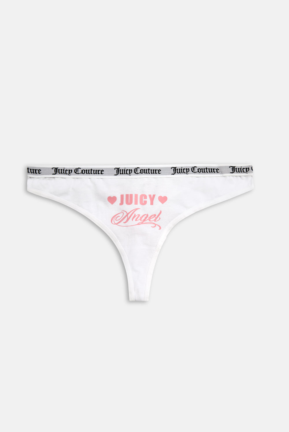 Displays the white 'Juicy' branded Slogan Novelty Thongs included in the Pack Of 3