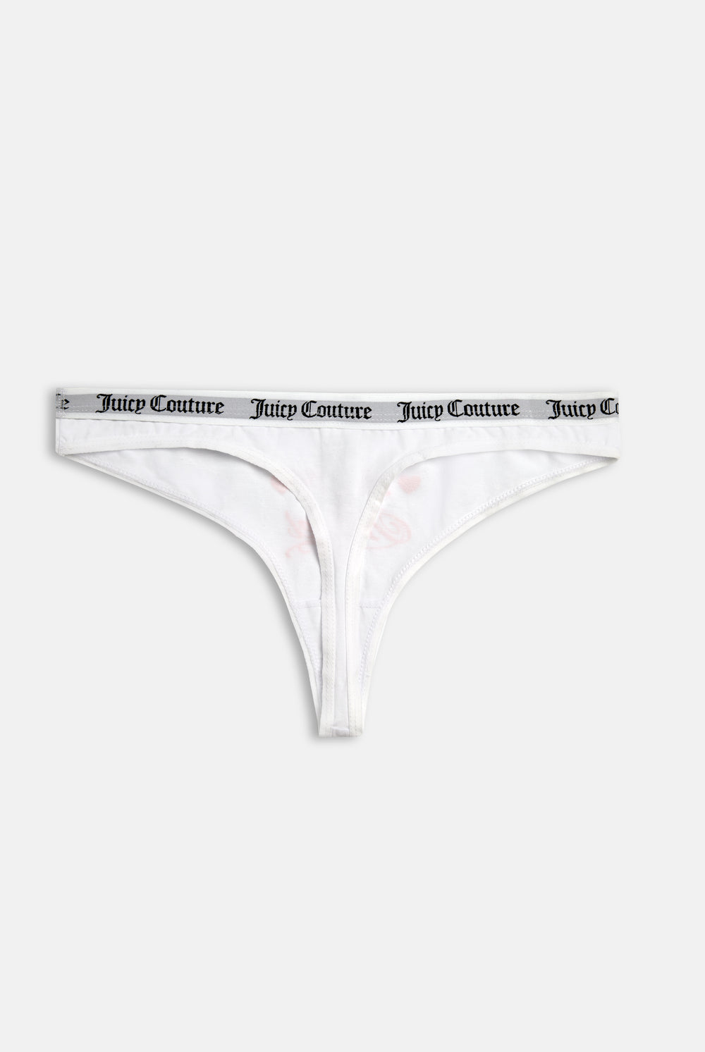 Displays the white 'Juicy' branded Slogan Novelty Thongs included in the Pack Of 3