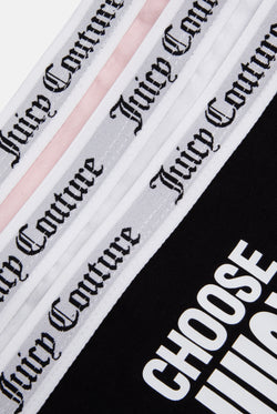 Displays all 3 of the white black & pink 'Juicy' branded Slogan Novelty Thongs included in the Pack Of 3 featuring the details on the juicy branding 