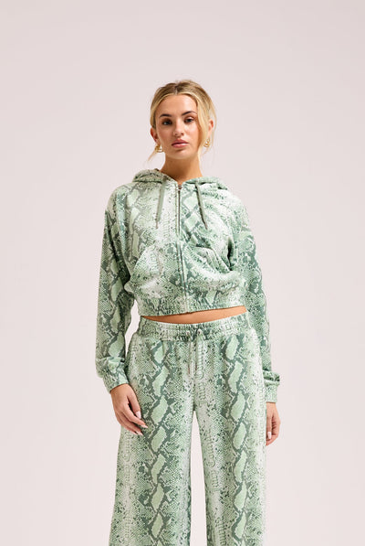 GREEN SNAKE PRINT DIAMANTÉ JUICY OVERSIZED CROPPED HOODIE