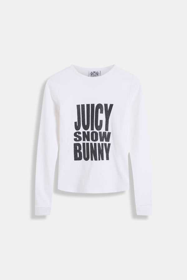 WHITE 'JUICY SNOW BUNNY' GLITTER LONG SLEEVE TEE