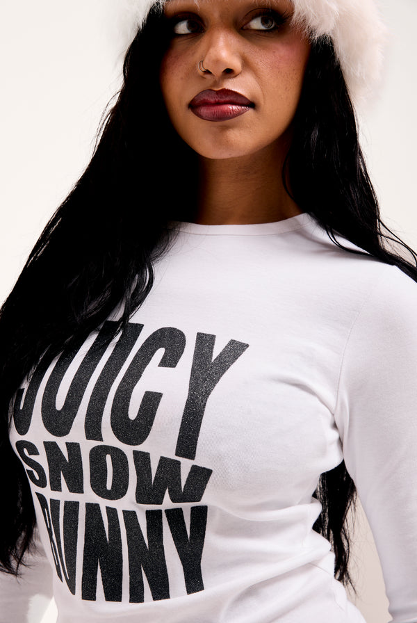 WHITE 'JUICY SNOW BUNNY' GLITTER LONG SLEEVE TEE