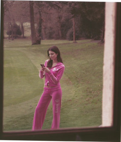 SUPER PINK DIAMANTE CROWN OG STRAIGHT LOW RISE VELOUR BOTTOMS