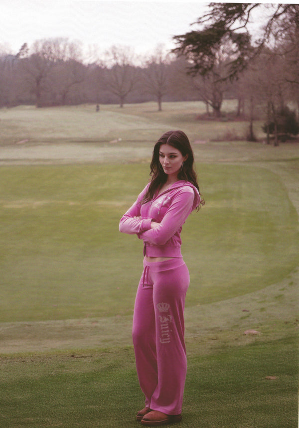 SUPER PINK DIAMANTE CROWN OG STRAIGHT LOW RISE VELOUR BOTTOMS