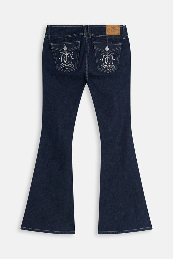 Indigo Denim Low Rise Flare Embroidered Jeans