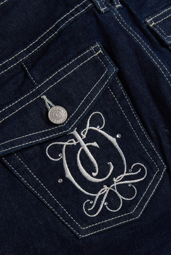 Indigo Denim Low Rise Flare Embroidered Jeans