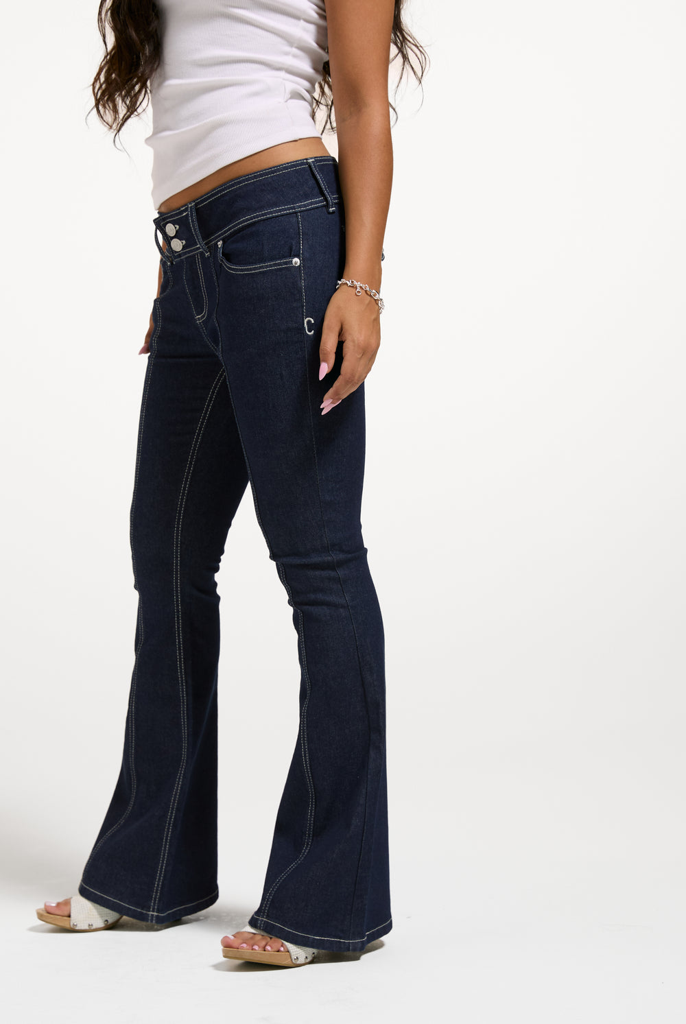 Indigo Denim Low Rise Flare Embroidered Jeans