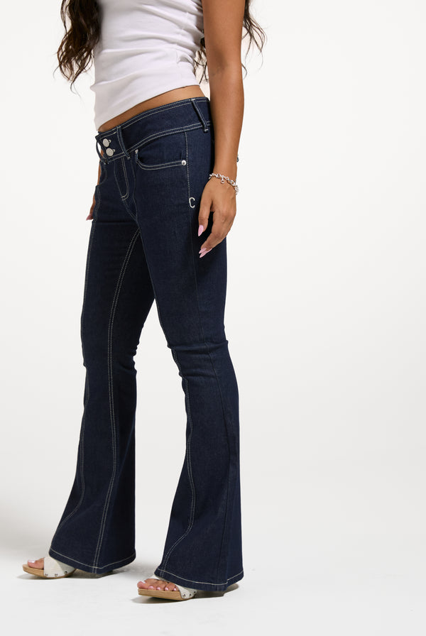 Indigo Denim Low Rise Flare Embroidered Jeans
