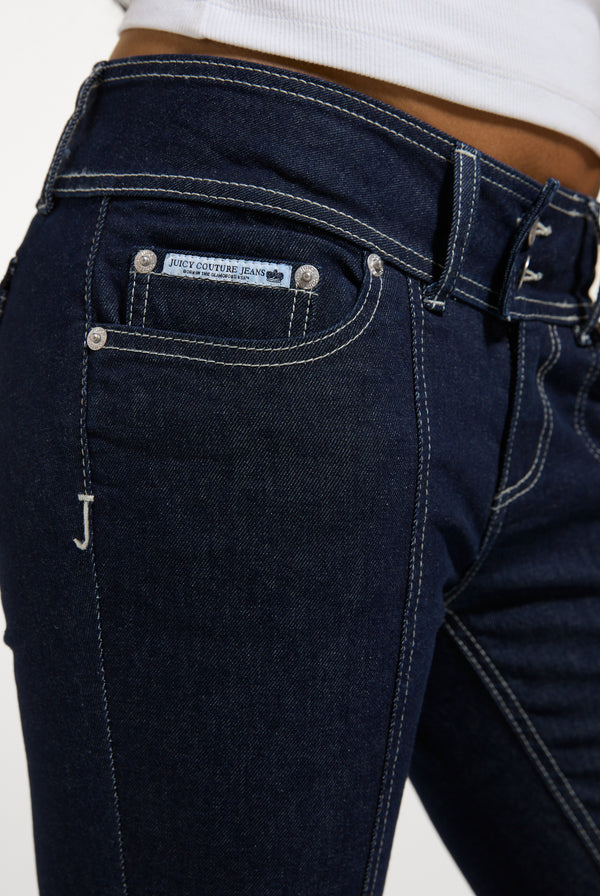 Indigo Denim Low Rise Flare Embroidered Jeans