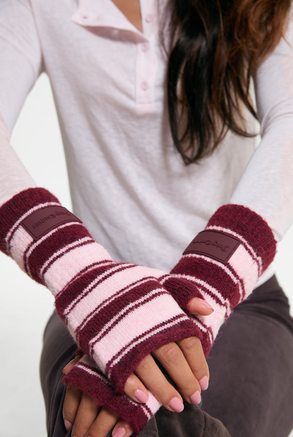 Burgundy Stripe Fingerless Mittens