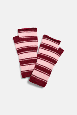 Displays the Burgundy Stripe 'Juicy' branded Fingerless Mittens
