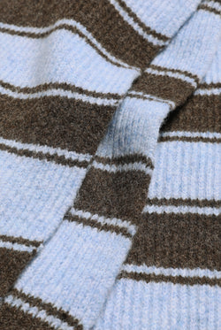 Displays the Java Stripe 'Juicy' branded  Knit Scarf featuring the close up on the details 