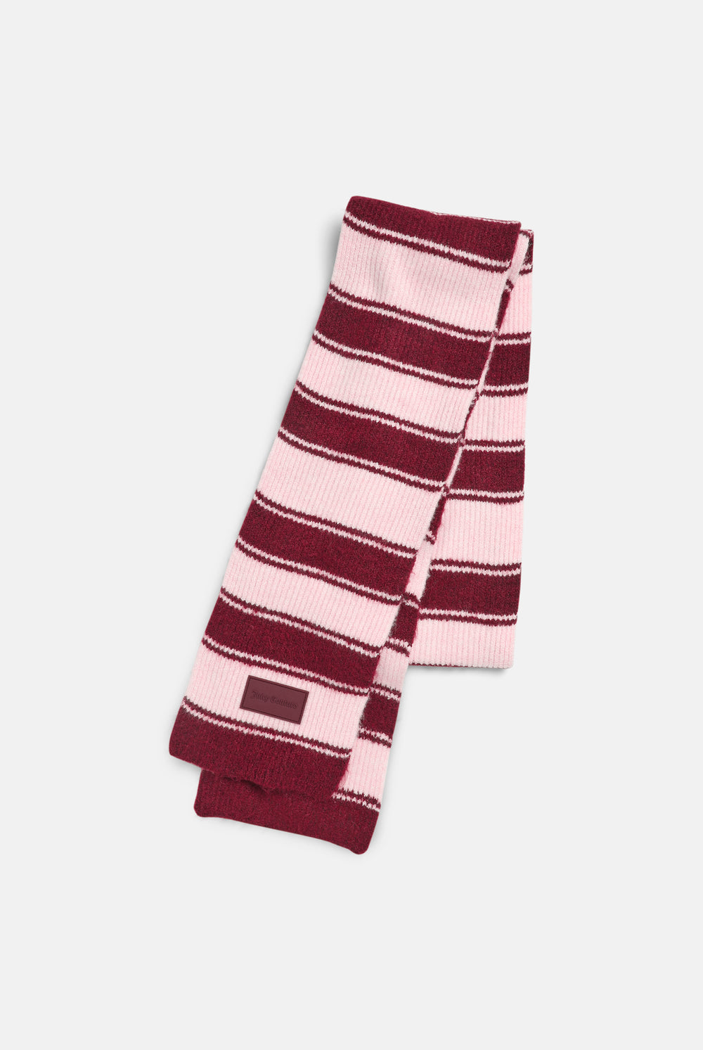 Displays the Burgundy 'juicy' branded Stripe Knit Scarf