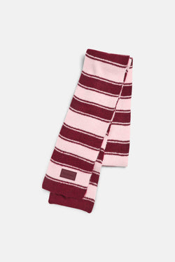 Displays the Burgundy 'juicy' branded Stripe Knit Scarf