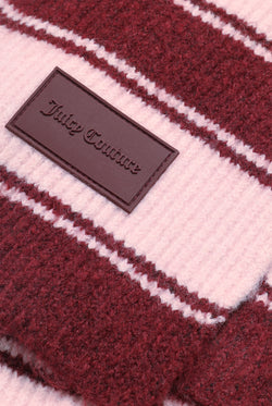 Displays the Burgundy 'juicy' branded Stripe Knit Scarf featuring the juicy branding 