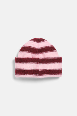 Displays the Burgundy Stripe 'Juicy' branded Ribbed Beanie