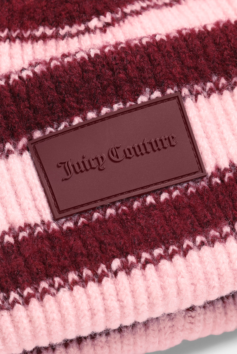 Displays the Burgundy Stripe 'Juicy' branded Ribbed Beanie featuring the juicy branding 