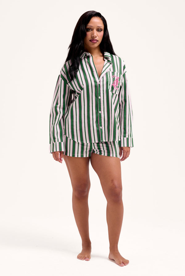 GREEN STRIPE COTTON STRIPE SLEEP SHIRT