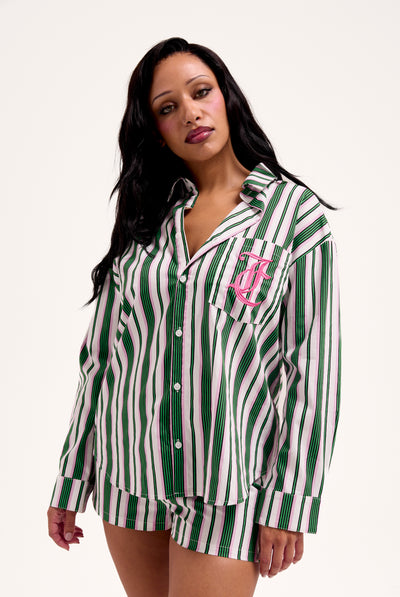 GREEN STRIPE COTTON STRIPE SLEEP SHIRT