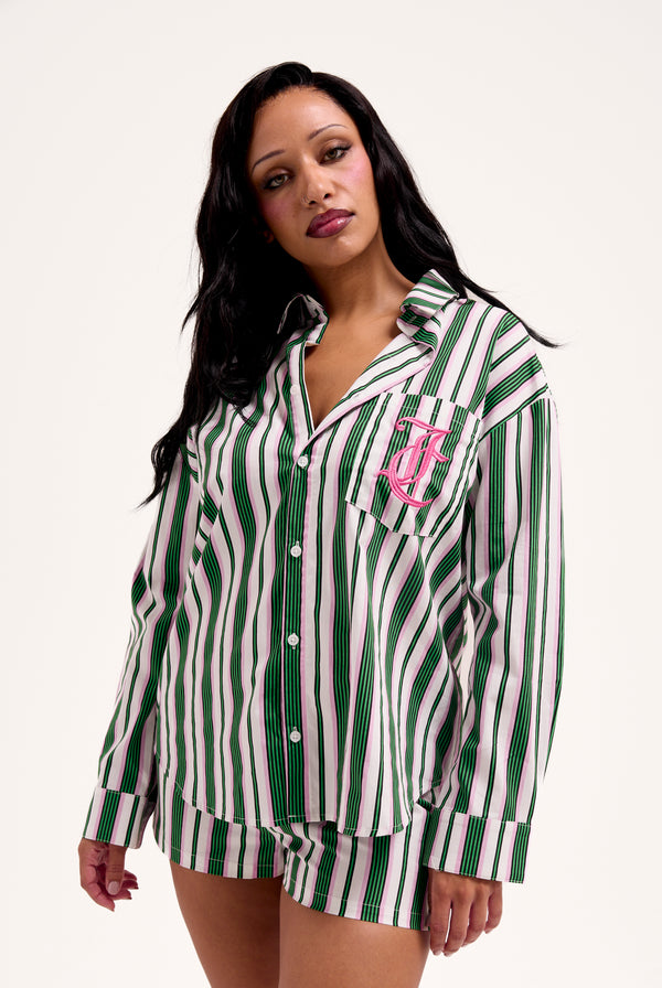 GREEN STRIPE COTTON STRIPE SLEEP SHIRT