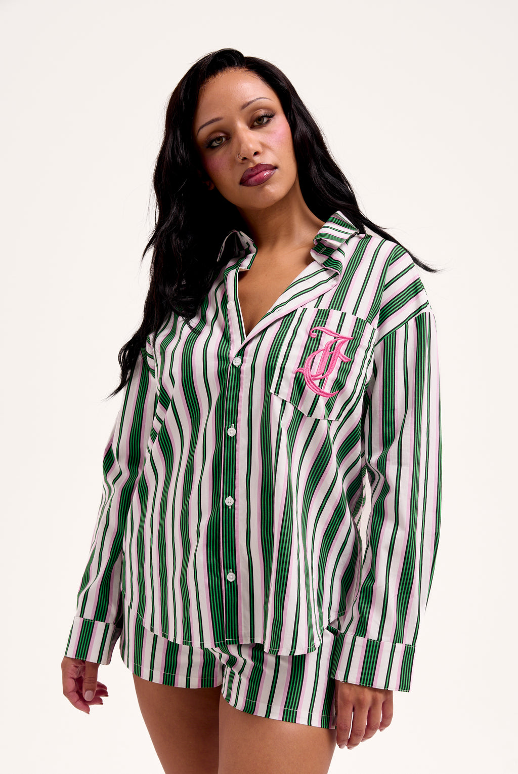 GREEN STRIPE COTTON STRIPE SLEEP SHIRT