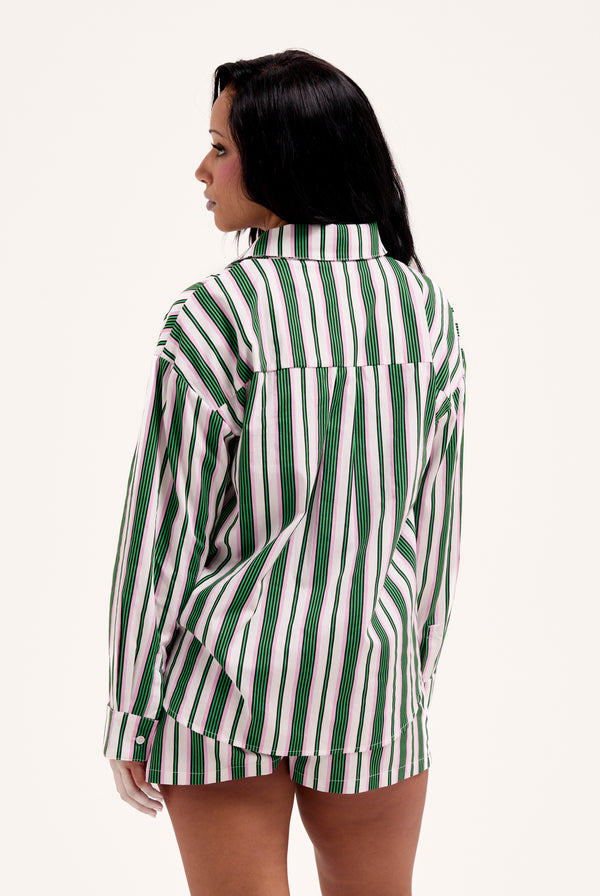 GREEN STRIPE COTTON STRIPE SLEEP SHIRT