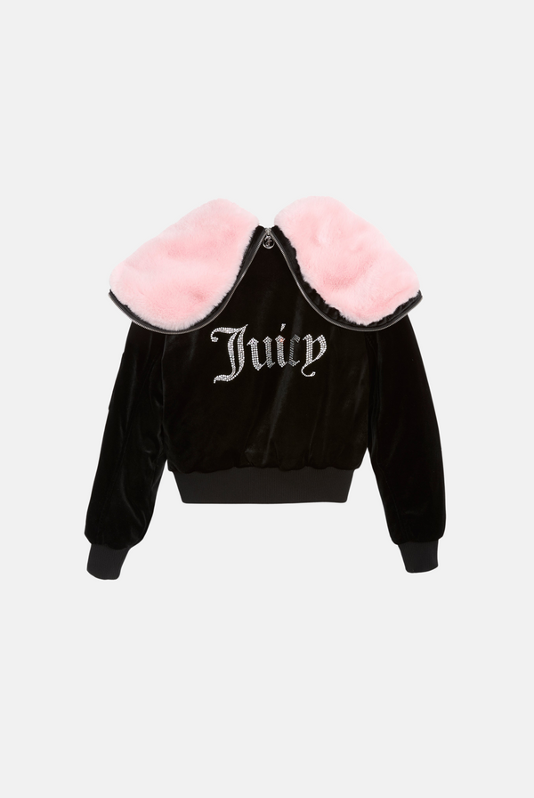 BLACK VELOUR DIAMANTÉ BOMBER JACKET WITH FUR LINED HOOD