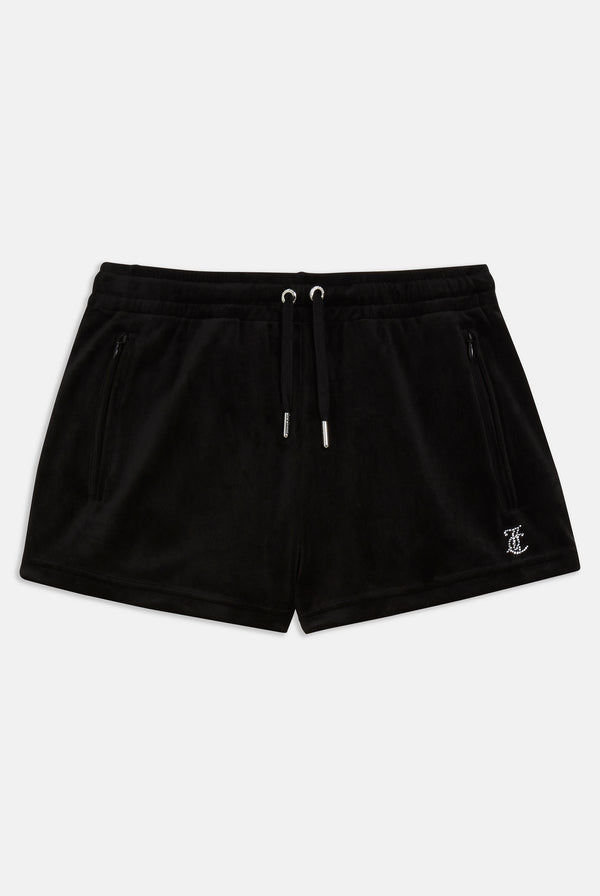 BLACK VELOUR DIAMANTÉ TRACK SHORTS