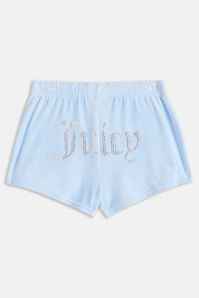 POWDER BLUE VELOUR DIAMANTÉ TRACK SHORTS