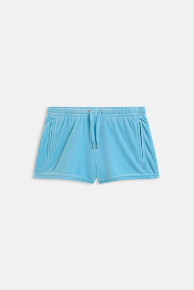 SKY BLUE VELOUR OUTLINE DIAMANTÉ TRACK SHORTS