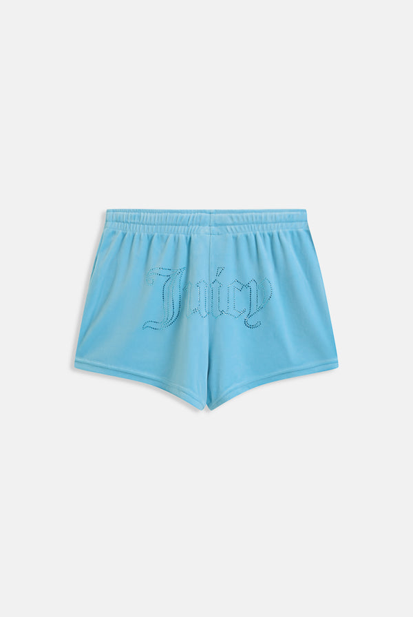 SKY BLUE VELOUR OUTLINE DIAMANTÉ TRACK SHORTS