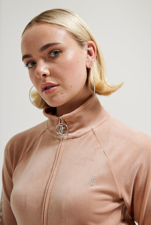 CAFE AU LAIT DIAMANTÉ VELOUR CROPPED TRACK TOP