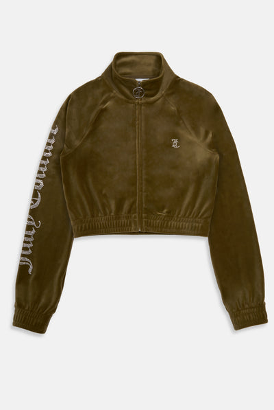 DARK OLIVE DIAMANTÉ VELOUR CROPPED TRACK TOP