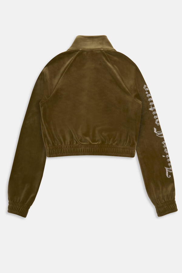 DARK OLIVE DIAMANTÉ VELOUR CROPPED TRACK TOP