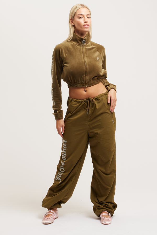 DARK OLIVE DIAMANTÉ VELOUR CROPPED TRACK TOP