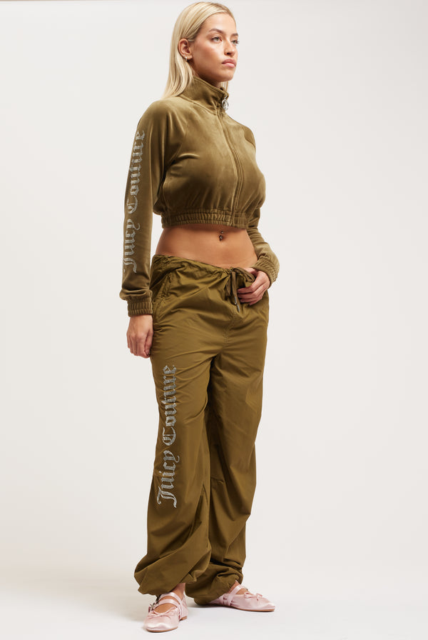 DARK OLIVE DIAMANTÉ VELOUR CROPPED TRACK TOP