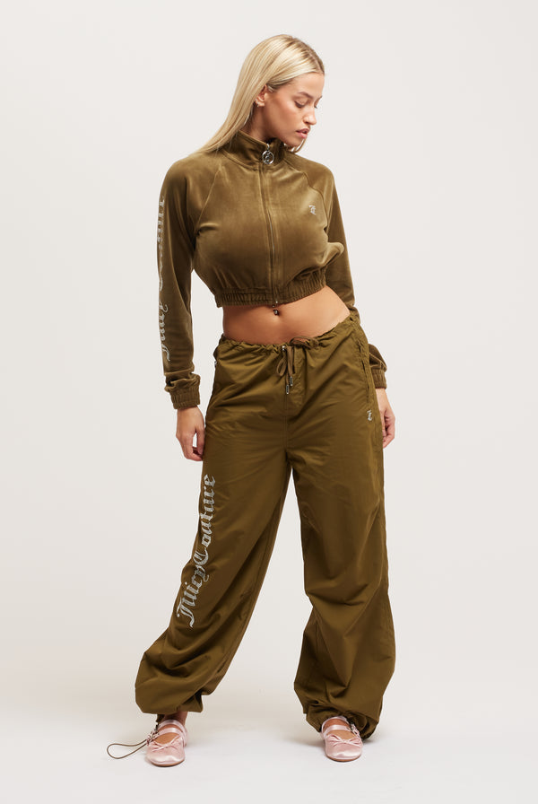 DARK OLIVE DIAMANTÉ VELOUR CROPPED TRACK TOP