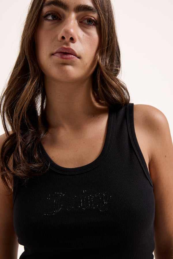 BLACK RIBBED OUTLINE DIAMANTE RACER VEST
