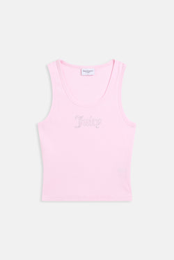 Displays the cherry blossom ribbed 'juicy' branded outline diamanté racer vest 