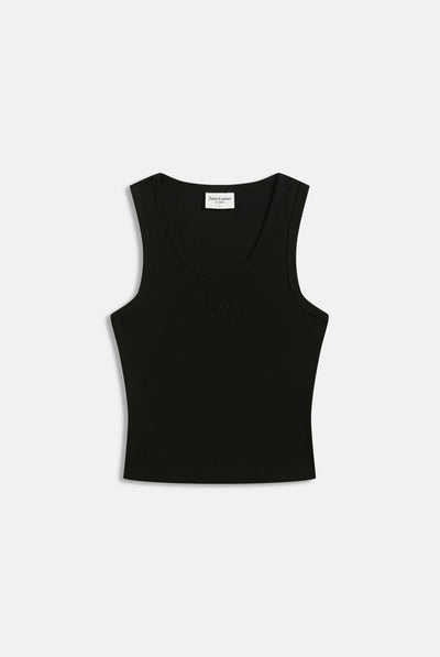 BLACK RIBBED OUTLINE DIAMANTE RACER VEST