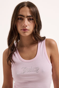 Displays a model wearing the cherry blossom ribbed 'juicy' branded outline diamanté racer vest 