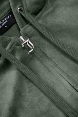 Displays the Thyme 'Juicy' branded classic velour Robertson hoodie featuring the juicy branding on the zip