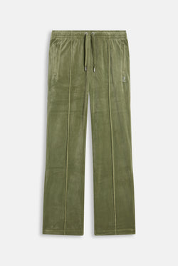 Displays the Oil Green 'Juicy' branded Velour Diamanté Tracksuit Bottom