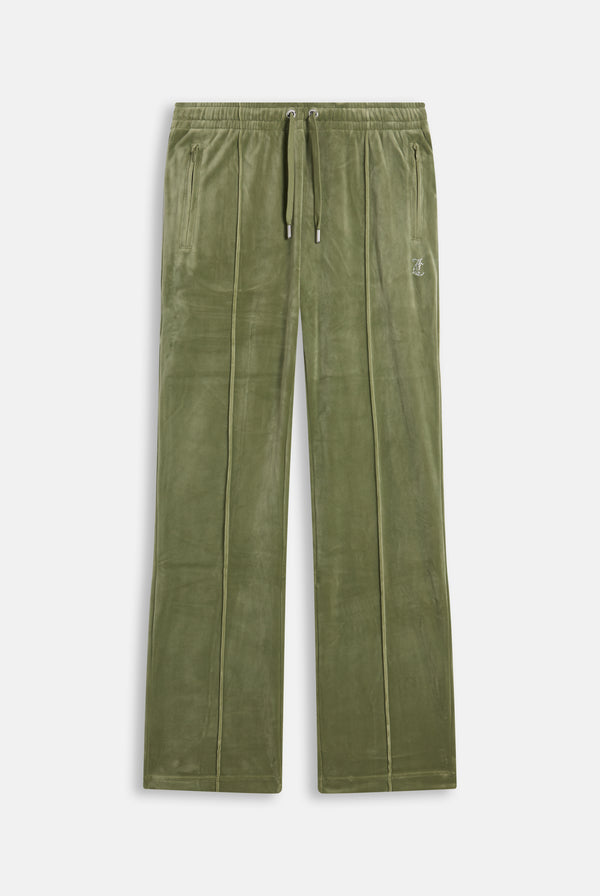 Displays the Oil Green 'Juicy' branded Velour Diamanté Tracksuit Bottom