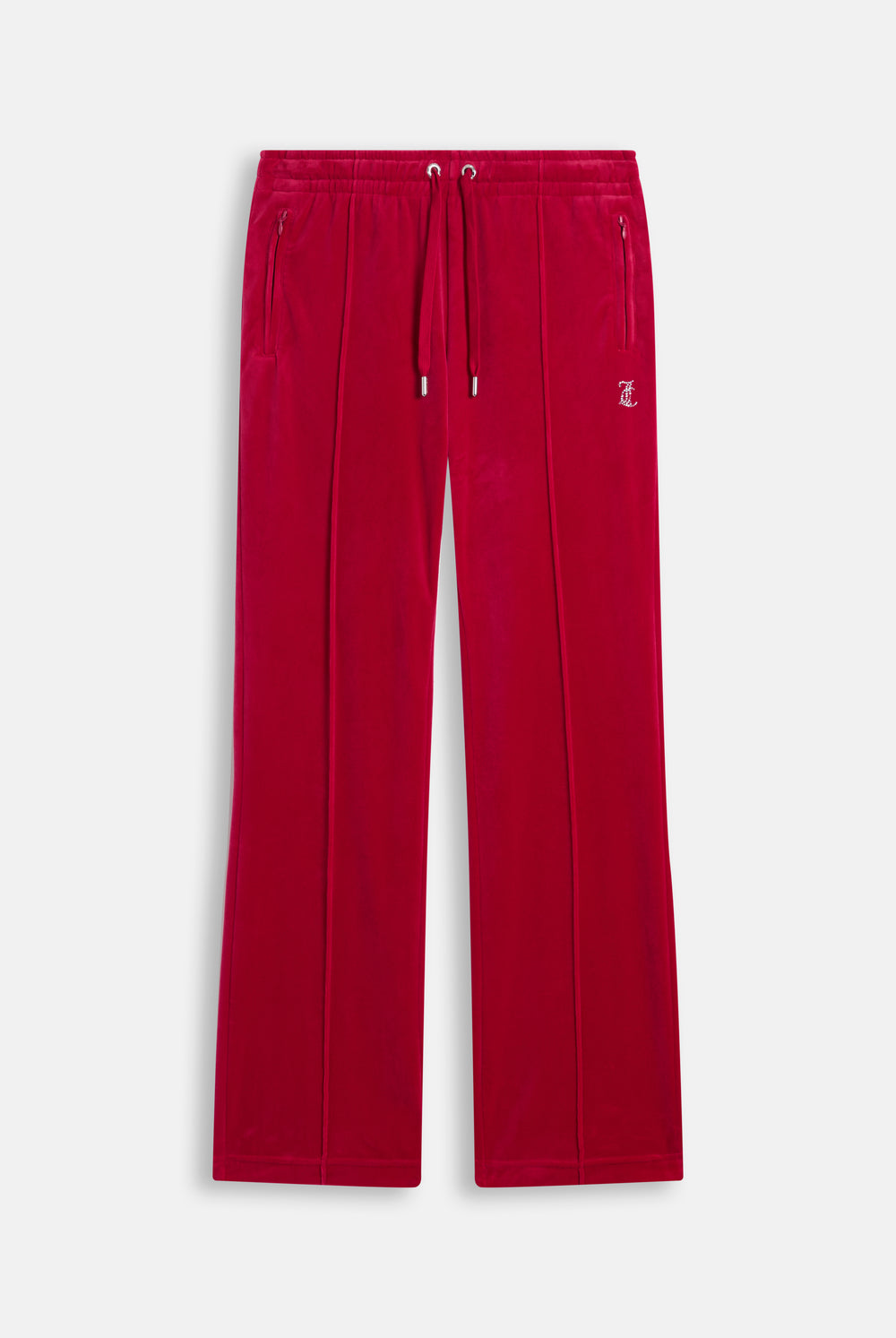 Displays the Persian Red 'Juicy' branded Velour Diamanté Tracksuit Bottom