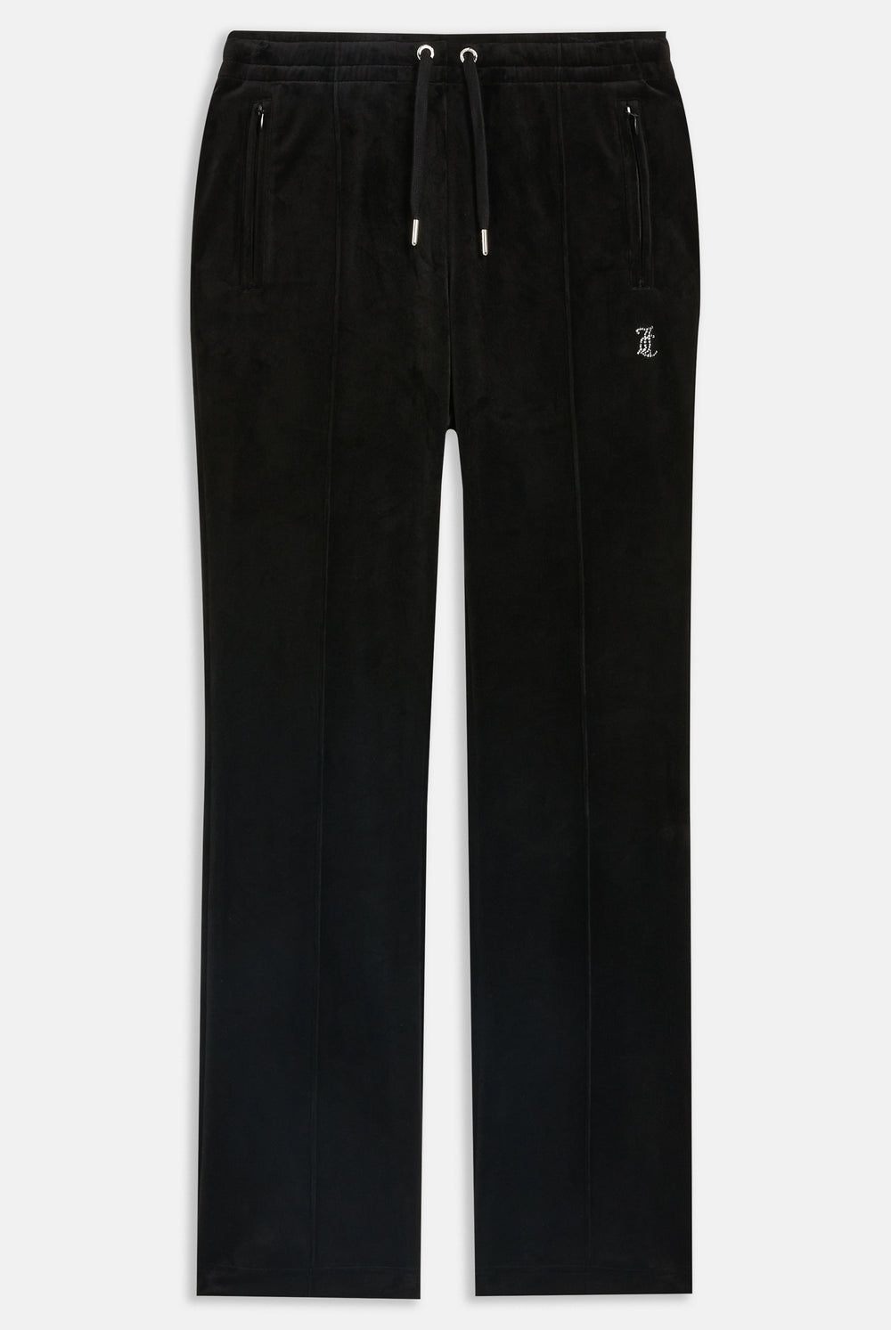 Black velour tracksuit bottoms with Juicy Couture branding on a white background
