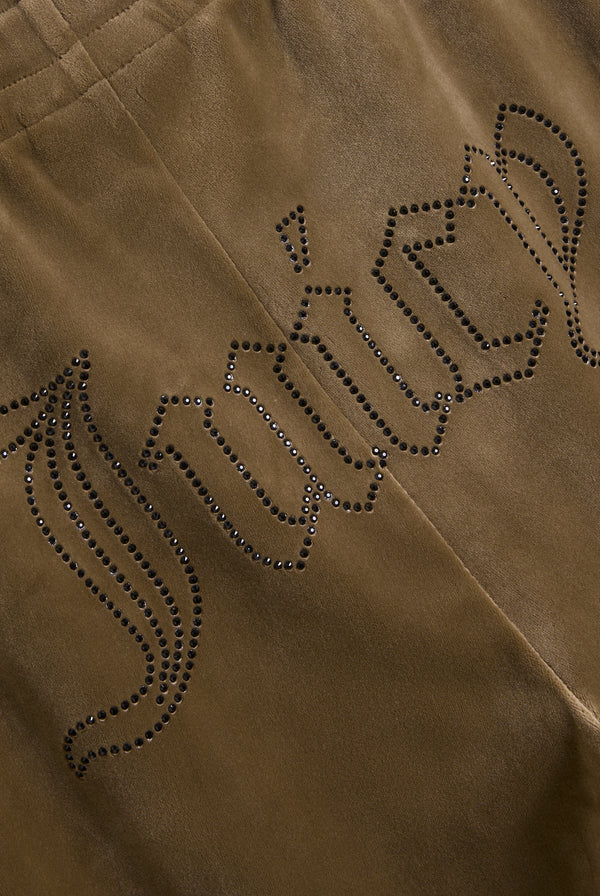 DARK OLIVE VELOUR OUTLINE DIAMANTÉ TRACKSUIT BOTTOM