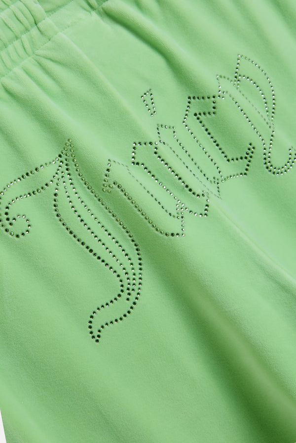 PISTACHIO GREEN VELOUR OUTLINE DIAMANTÉ TRACKSUIT BOTTOM