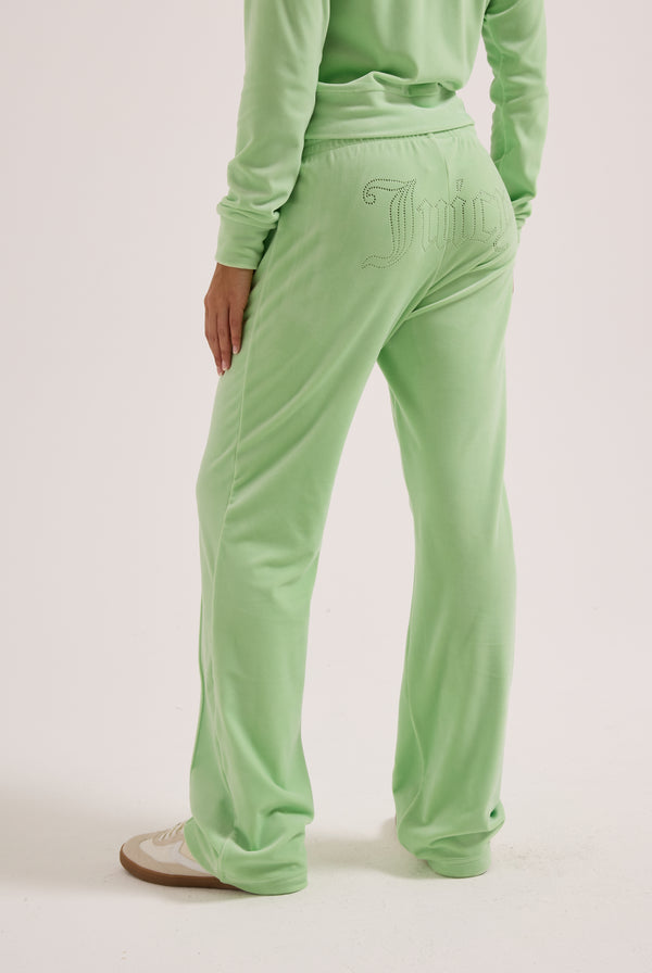 PISTACHIO GREEN VELOUR OUTLINE DIAMANTÉ TRACKSUIT BOTTOM