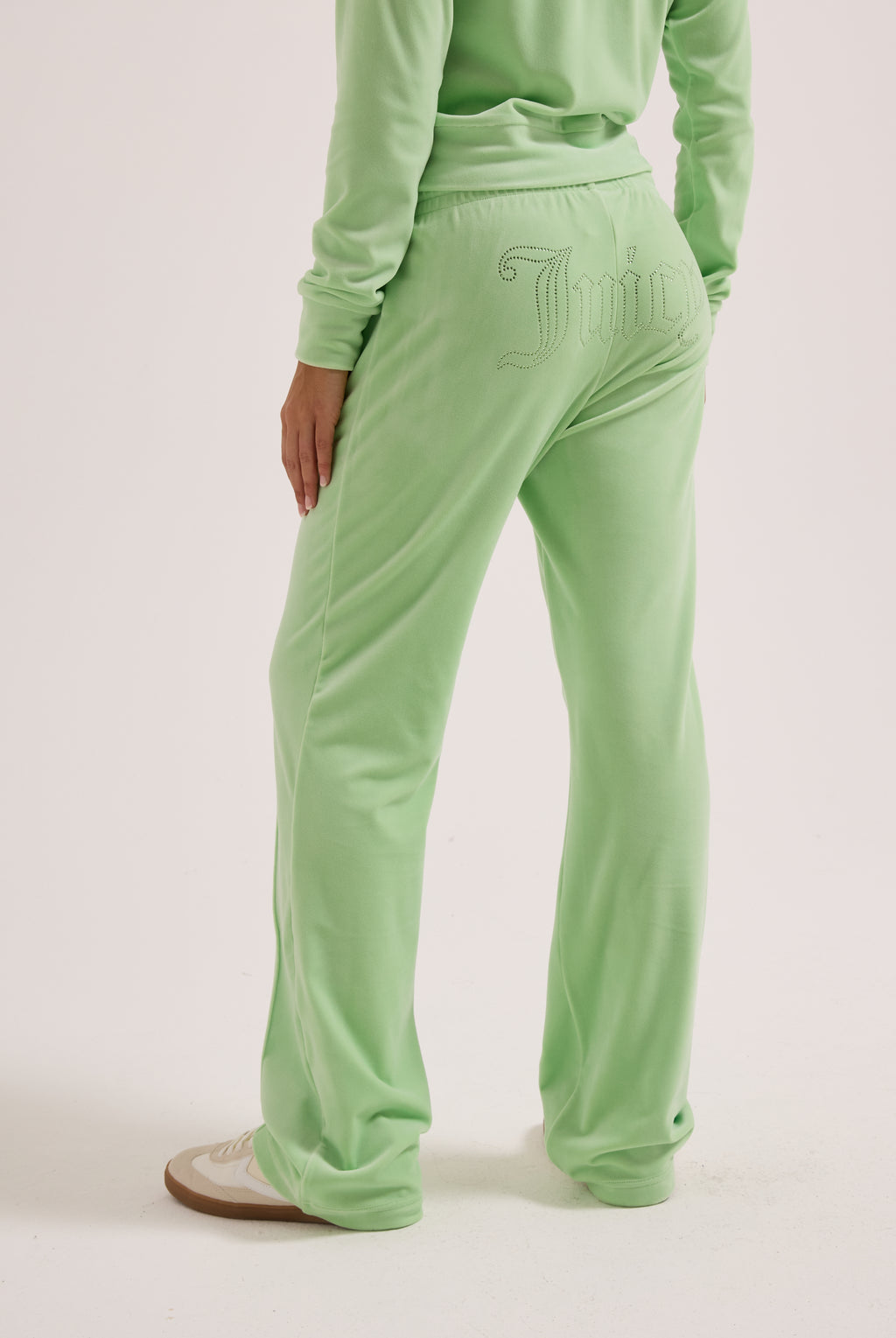 PISTACHIO GREEN VELOUR OUTLINE DIAMANTÉ TRACKSUIT BOTTOM